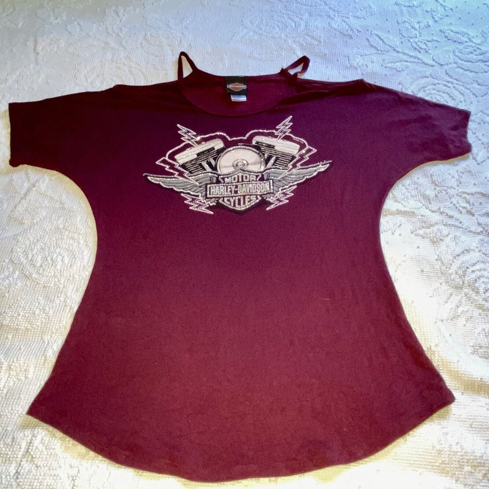 Harley‎ Davidson Women's Burgundy T Shirt Sz Small Studded Decorations Straps J